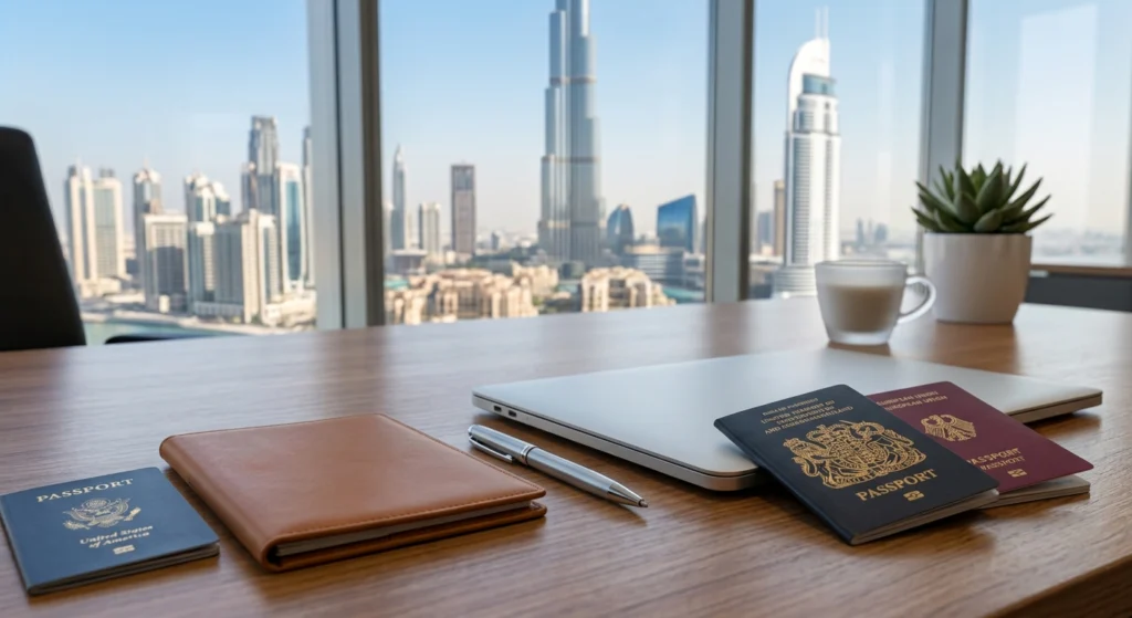 Desk in Dubai with US, UK and EU passports where a creditor prepares to enforce a bounced cheque in the UAE