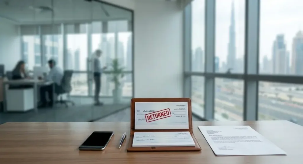 Bounced cheque Dubai: returned cheque and bank memo on a desk in a Dubai office