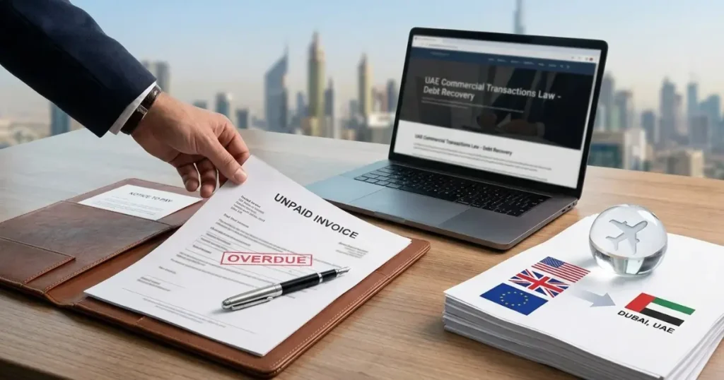 Unpaid invoice in Dubai stamped overdue beside a notice to pay and a laptop